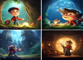 儿童漫画故事配图（请给这四张图每张配一段话 编制成一个小漫画故事）