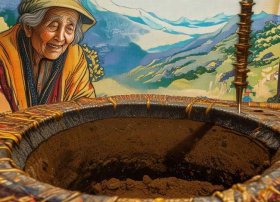 太阳山捡金子故事；一幅壮锦中老妈妈的钻井是谁找回来的