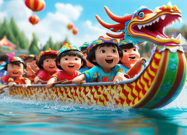 赛龙舟儿童画作品（端午节龙舟简笔画简单）