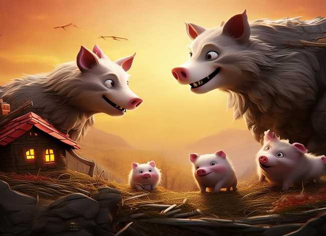 屋顶上的故事看图说话；三只小猪与一只狼的故事