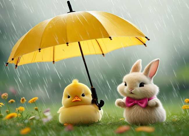 儿童故事下雨天的小兔子 看图写话小兔子为鸭子和小鸡撑伞