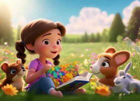 儿童看图说故事，看图写话一年级小女孩坐在草坪上给动物们讲故事
