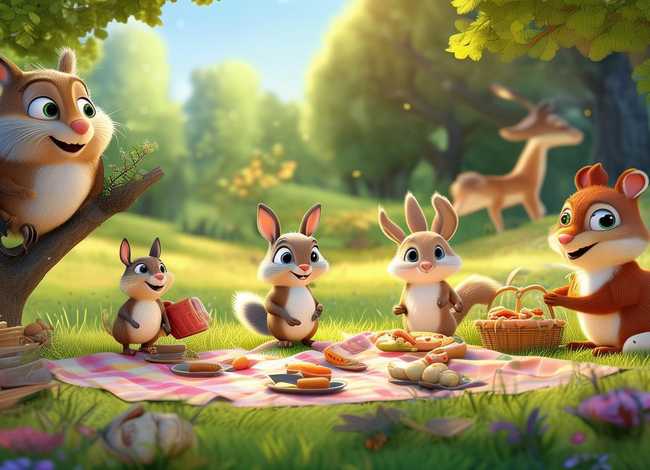 野餐编一个小故事 一年级看图写话图片和范文(几只动物在郊外野餐)