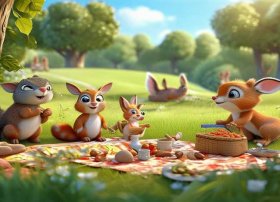 野餐编一个小故事 一年级看图写话图片和范文(几只动物在郊外野餐)