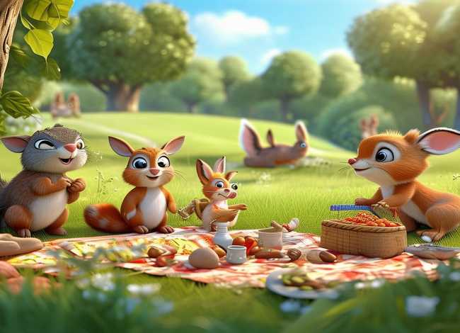 野餐编一个小故事 一年级看图写话图片和范文(几只动物在郊外野餐)