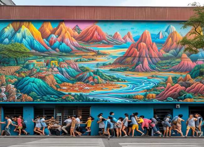 儿童涂鸦怪异事件；重庆街头现巨型巴渝山水涂鸦墙,你会选择去这打卡吗