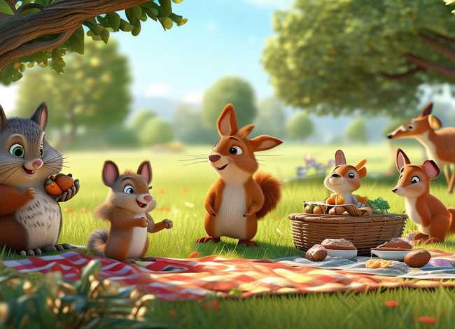野餐编一个小故事 一年级看图写话图片和范文(几只动物在郊外野餐)