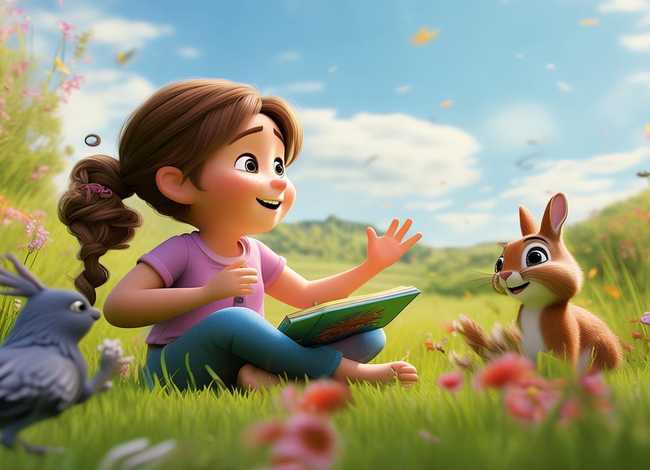 儿童看图说故事，看图写话一年级小女孩坐在草坪上给动物们讲故事