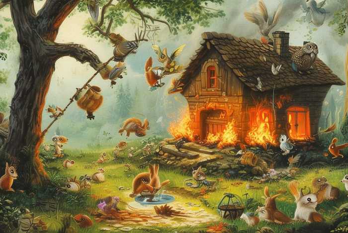 儿童故事小兔子家着火了、小兔子家失火了怎么办呢小动物们都来帮忙了看图写话