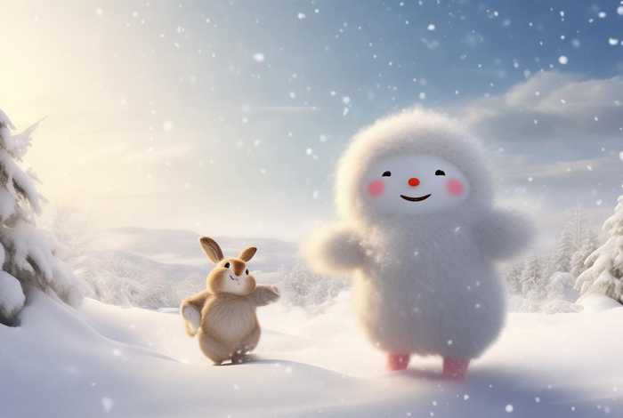儿童故事兔子和雪孩子，雪孩子和小白兔在一起嬉戏玩耍的故事