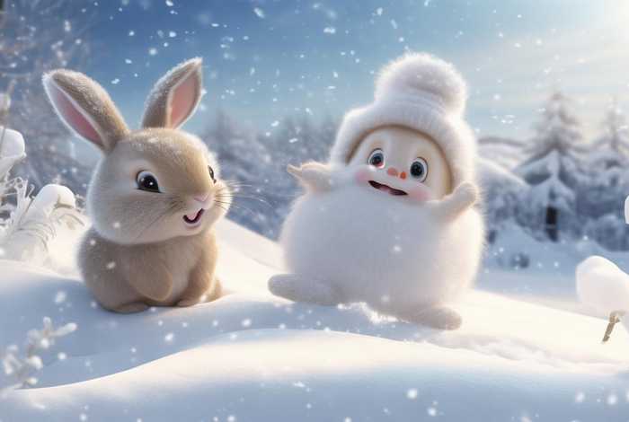 儿童故事兔子和雪孩子，雪孩子和小白兔在一起嬉戏玩耍的故事