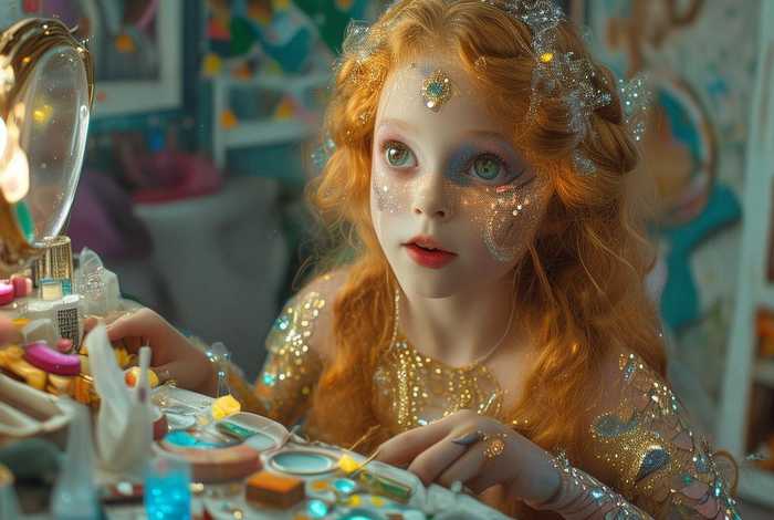 儿童美人鱼公主；儿童美人鱼公主化妆手术手工涂料