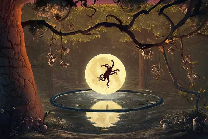 儿童故事猴子捞月图片 故事猴子捞月亮图片