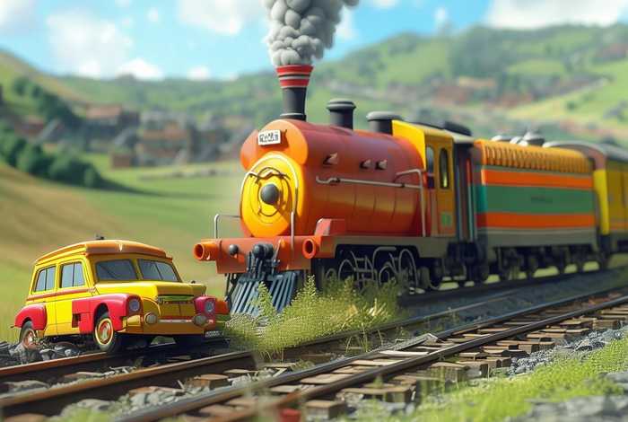 儿童故事火车撞上小汽车，小火车撞汽车事故视频