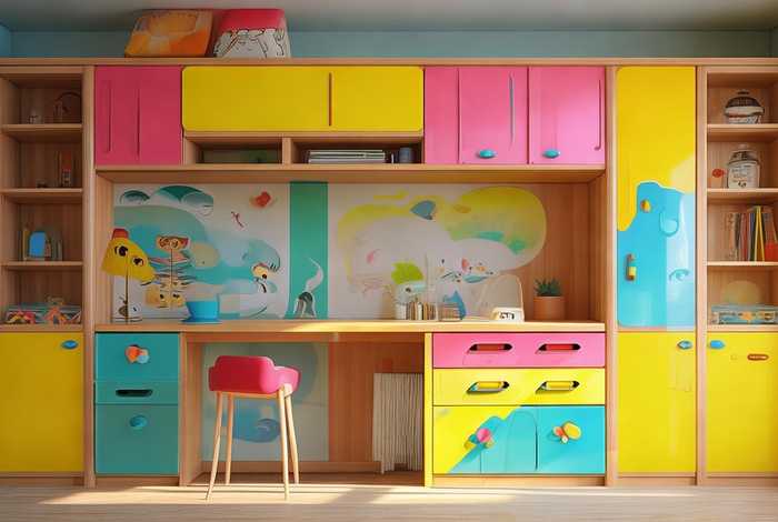 儿童房衣柜书桌一体效果图；儿童房衣柜书桌一体样板间效果图