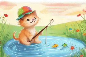4张简单绘本小猫钓鱼有图有文字；小猫钓鱼绘本简单制作