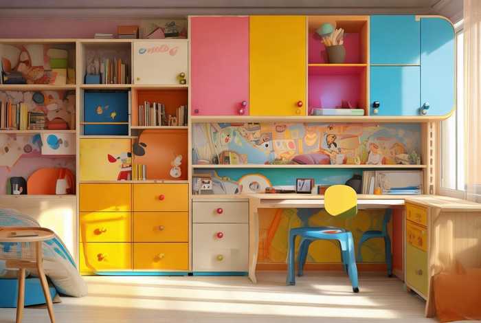 儿童房衣柜书桌一体效果图；儿童房衣柜书桌一体样板间效果图