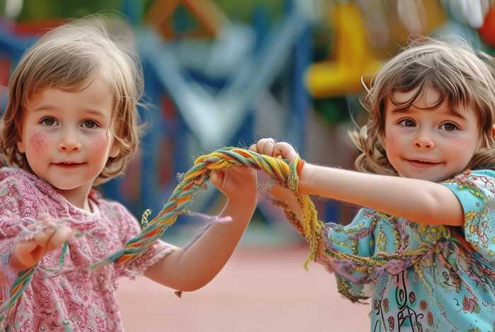 儿童双人十指绕绳；双人十指相扣