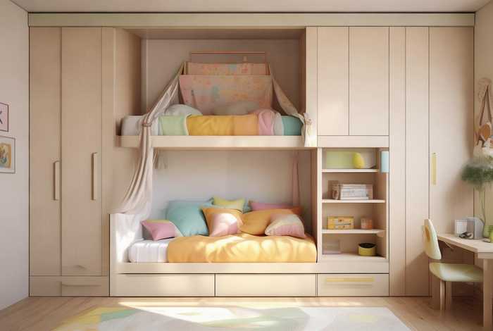 儿童房衣柜书桌一体效果图上下床；儿童房衣柜书桌一体样板间效果图