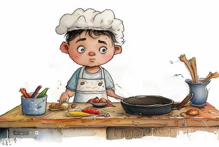 厨师炒菜儿童画；小厨师炒菜简笔画