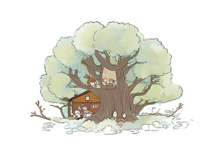 大树房子人物画；大树房子人物的简笔画