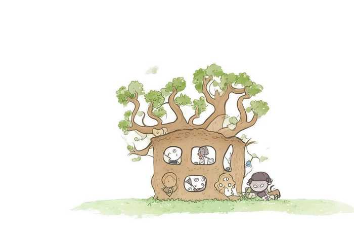 大树房子人物画；大树房子人物的简笔画