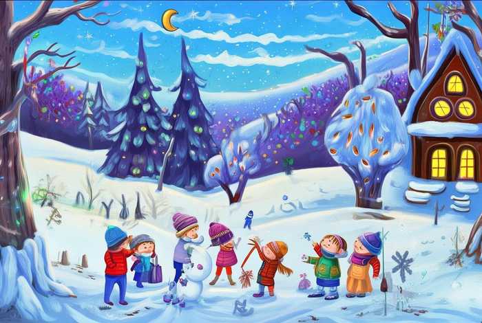 冬天的故事儿童美术画、冬天的故事幼儿画