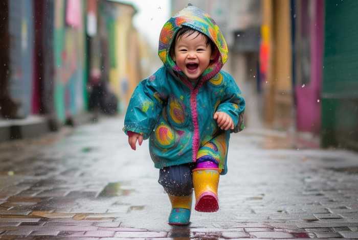 儿童雨天奔跑图片简单；儿童雨天奔跑图片简单又漂亮