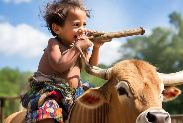 儿童骑牛吹琴的故事；写儿童骑着牛随口吹笛的顽皮模样