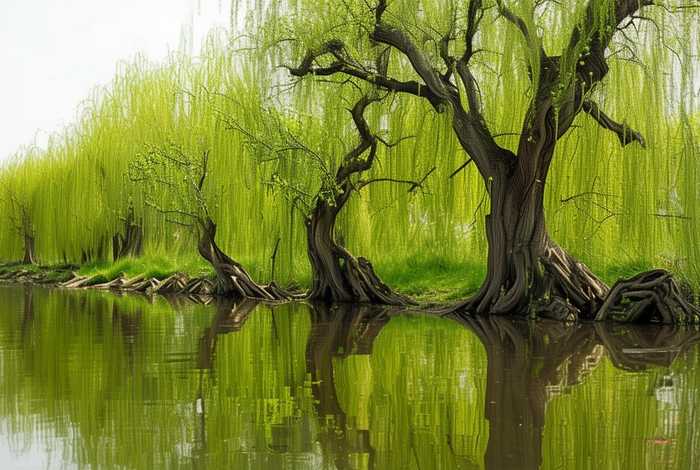 岸边的柳树、岸边的柳树长出嫩芽和新叶 岸边的柳树、岸边的柳树长出嫩芽和新叶