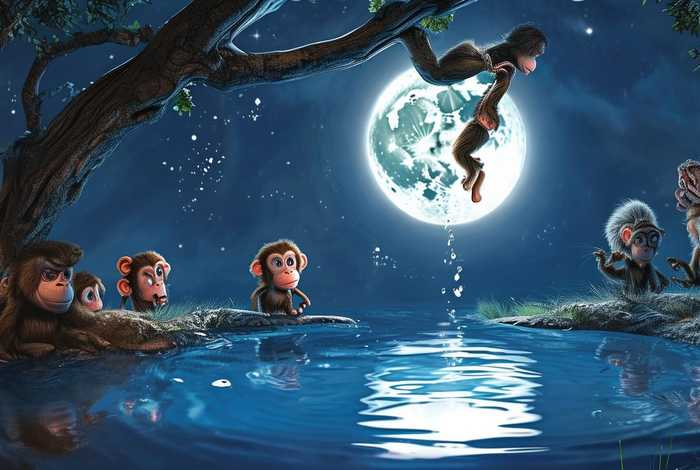 创意儿童画猴子捞月，猴子捞月的儿童画