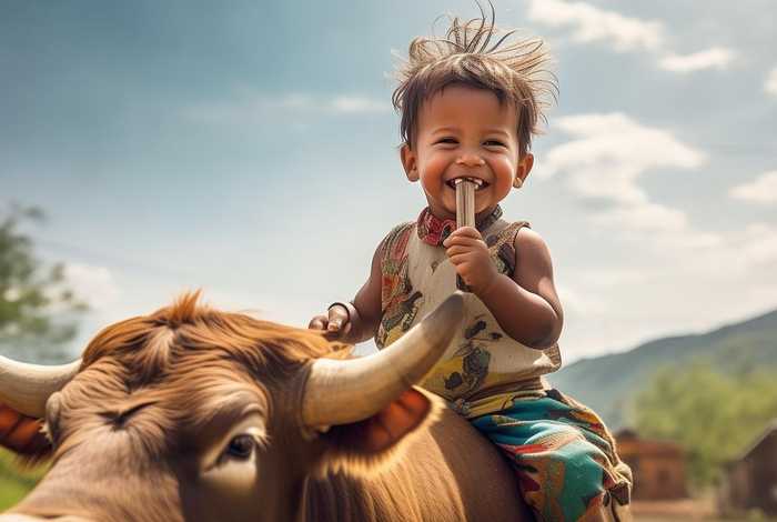 儿童骑牛吹琴的故事；写儿童骑着牛随口吹笛的顽皮模样