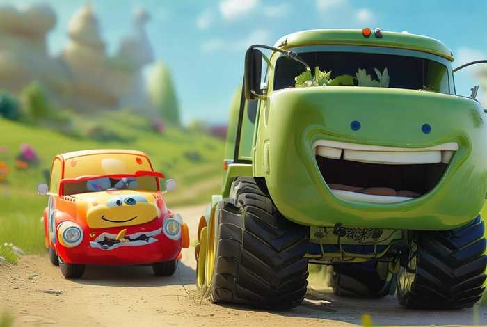 大汽车和小汽车儿童故事，幼儿小汽车与大货车的故事