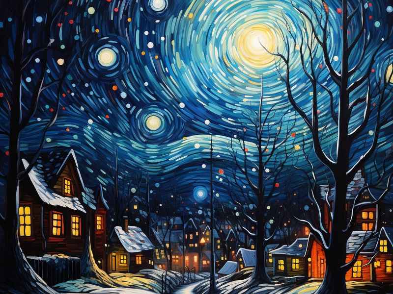 雪夜儿童画，雪夜简笔画